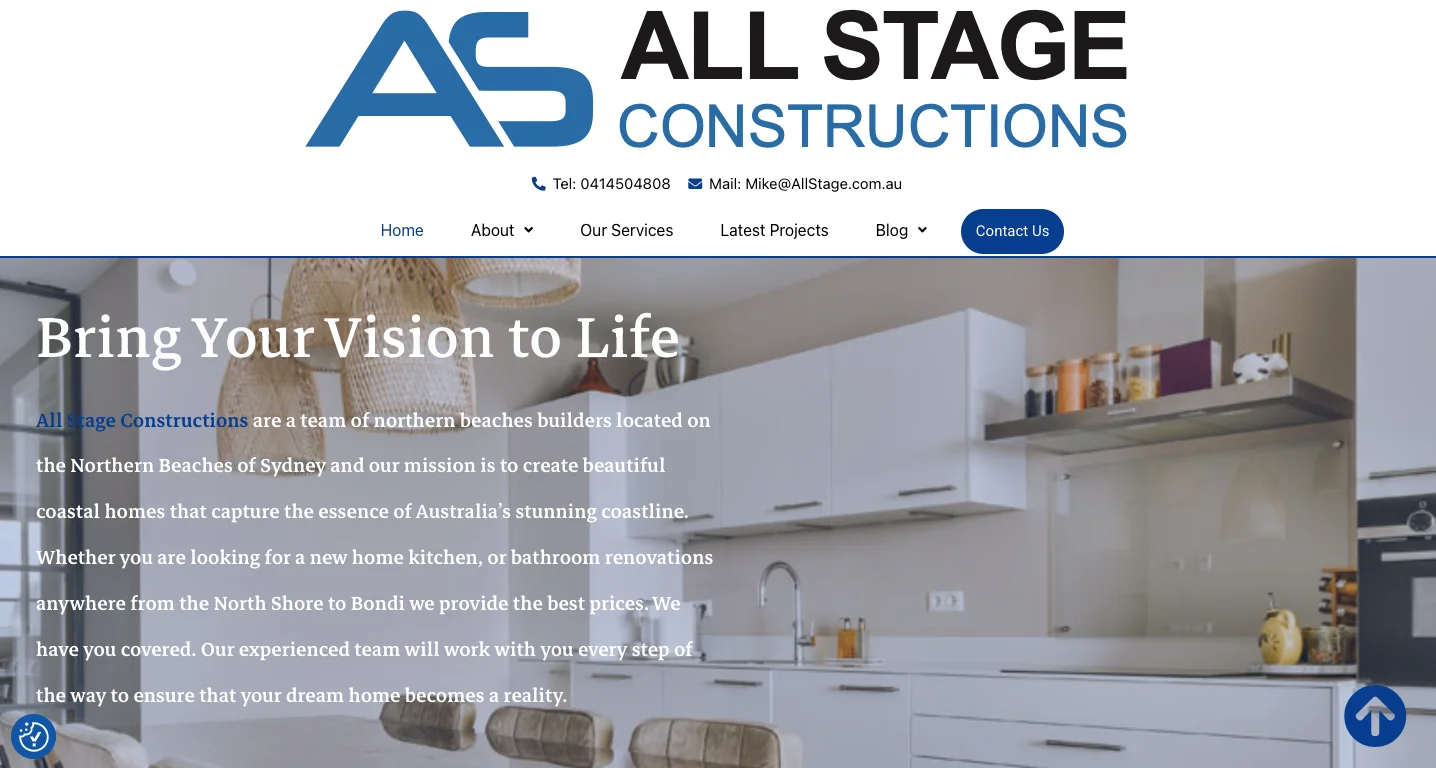 Custom website design mockup featuring the All Stage Constructions homepage displayed on a laptop screen by Site Ninjas Digital.