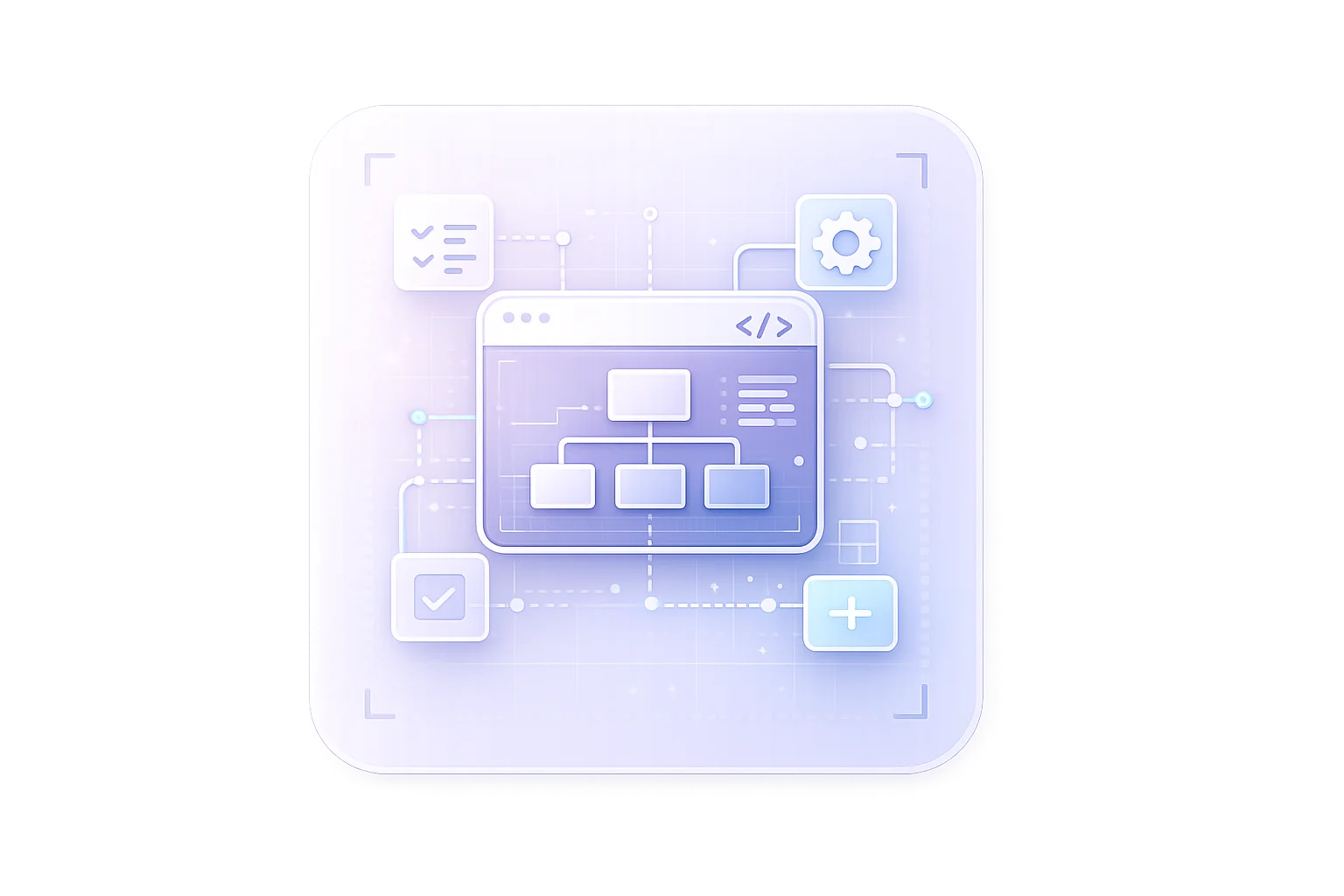 System architecture icon showing connected modules, flow structure and planning layout to represent defining the system in custom web development.