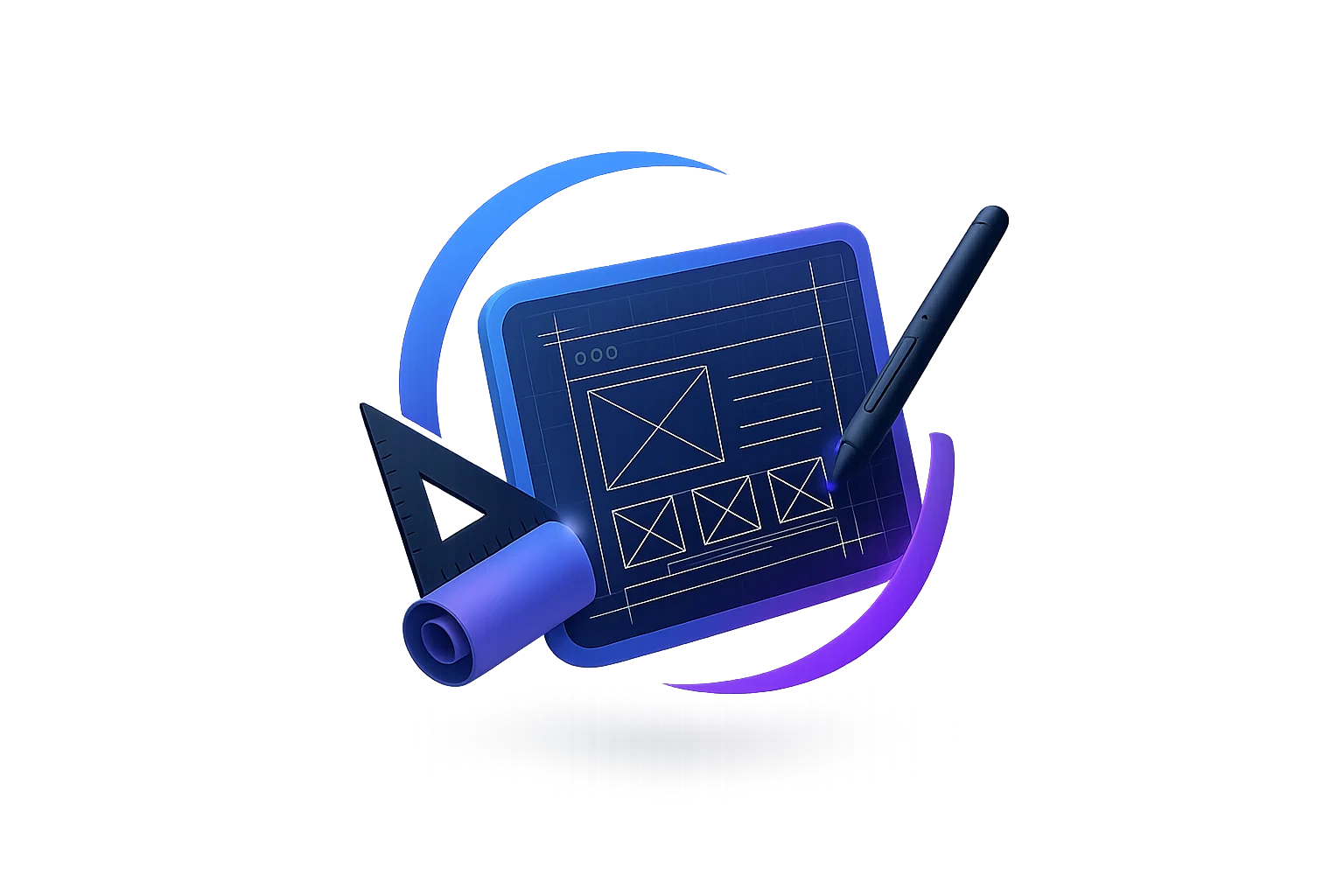 3D design and architecture icon showing blueprint, set square and pencil representing website planning and structure