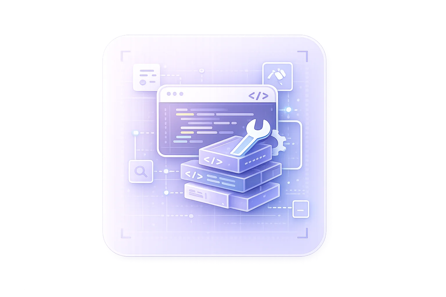 Development icon showing layered code modules, browser framework and build tools to represent engineering and building custom web systems.