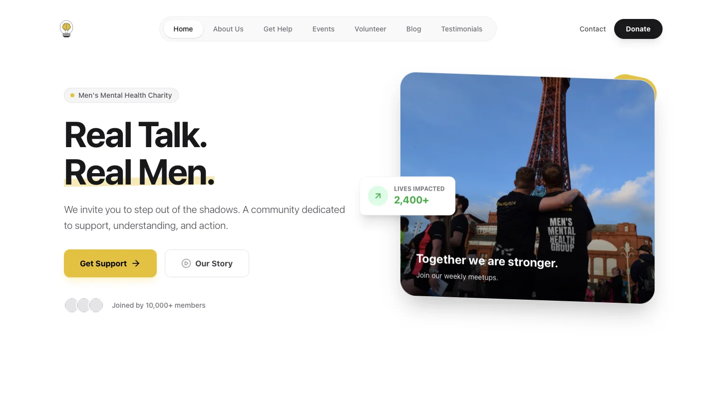 Website design for Enlighten the Shadows, a men’s mental health organisation, displayed on a laptop screen
