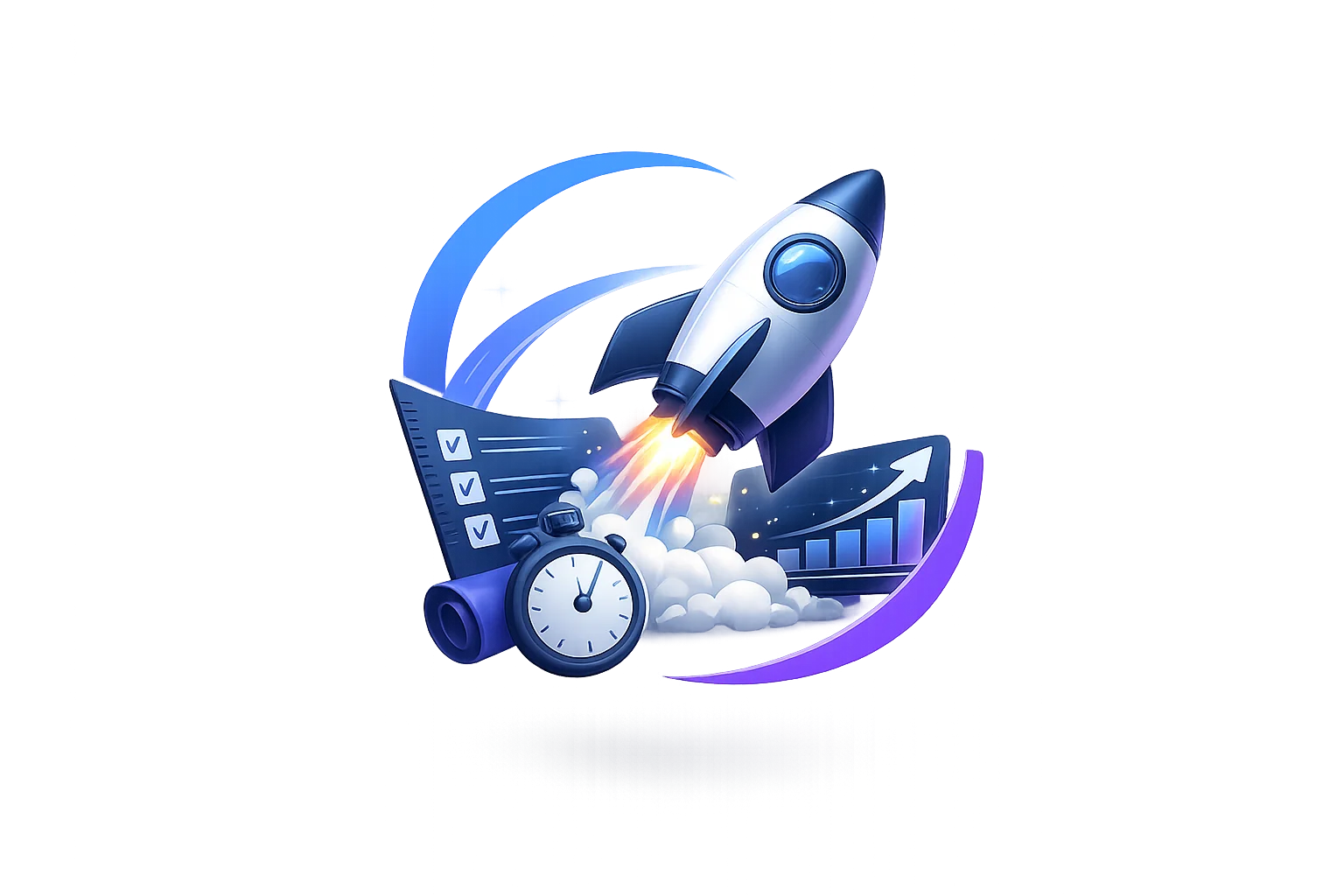 3D execution and launch icon with rocket, checklist and growth chart representing website deployment and business growth