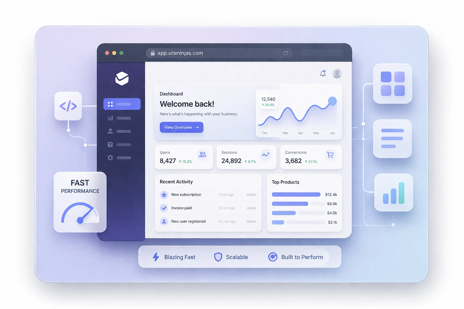 High-performance web application illustration showing a modern app interface, modular panels, and performance-focused structure for scalable web software.