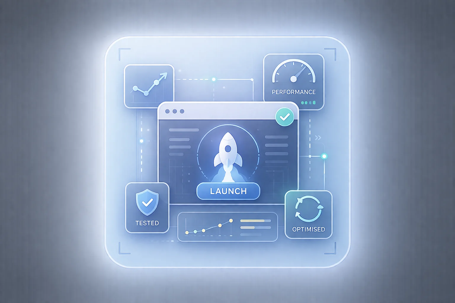 Launch and refine icon showing deployment, testing, performance monitoring and optimisation to represent the final stage of custom web development.