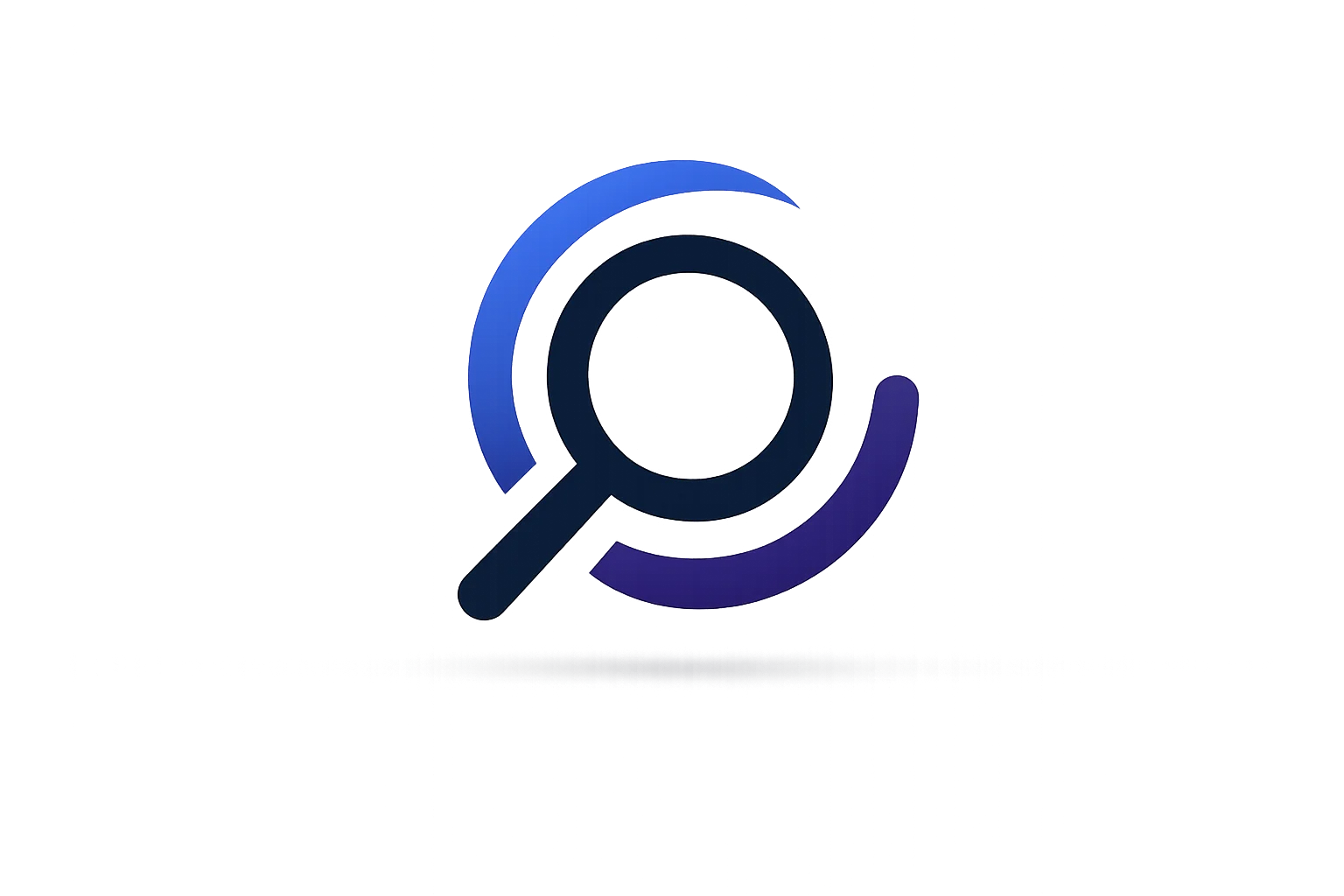 Stylised magnifying glass search icon with blue and purple circular accents and a soft shadow underneath.