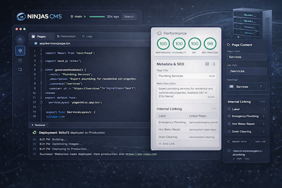 Ninjas CMS build dashboard showing Next.js development, metadata configuration and live deployment to production