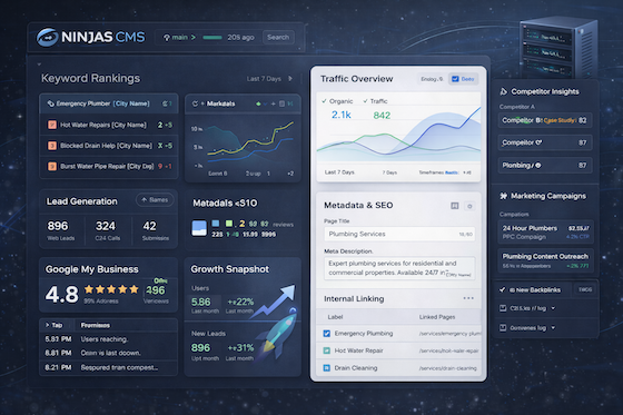 Ninjas CMS growth dashboard showing keyword rankings, traffic analytics and lead generation performance
