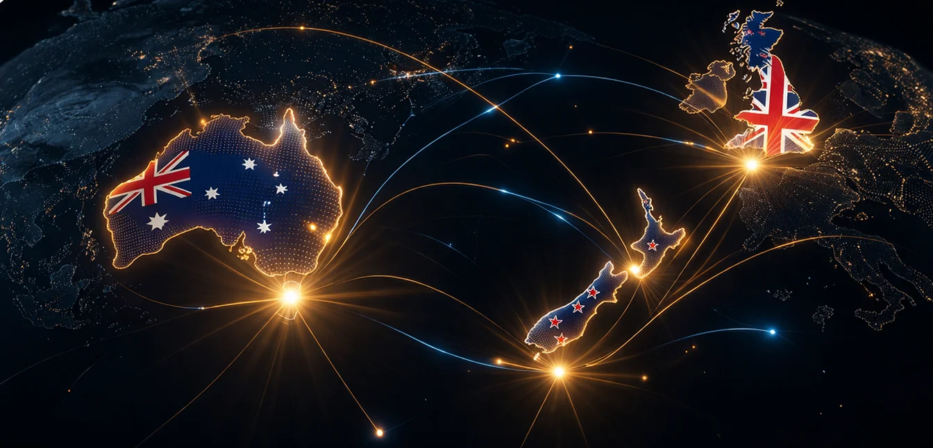 Digital connectivity map showing Australia, New Zealand and the United Kingdom linked by glowing lines to represent Site Ninjas’ international reach.