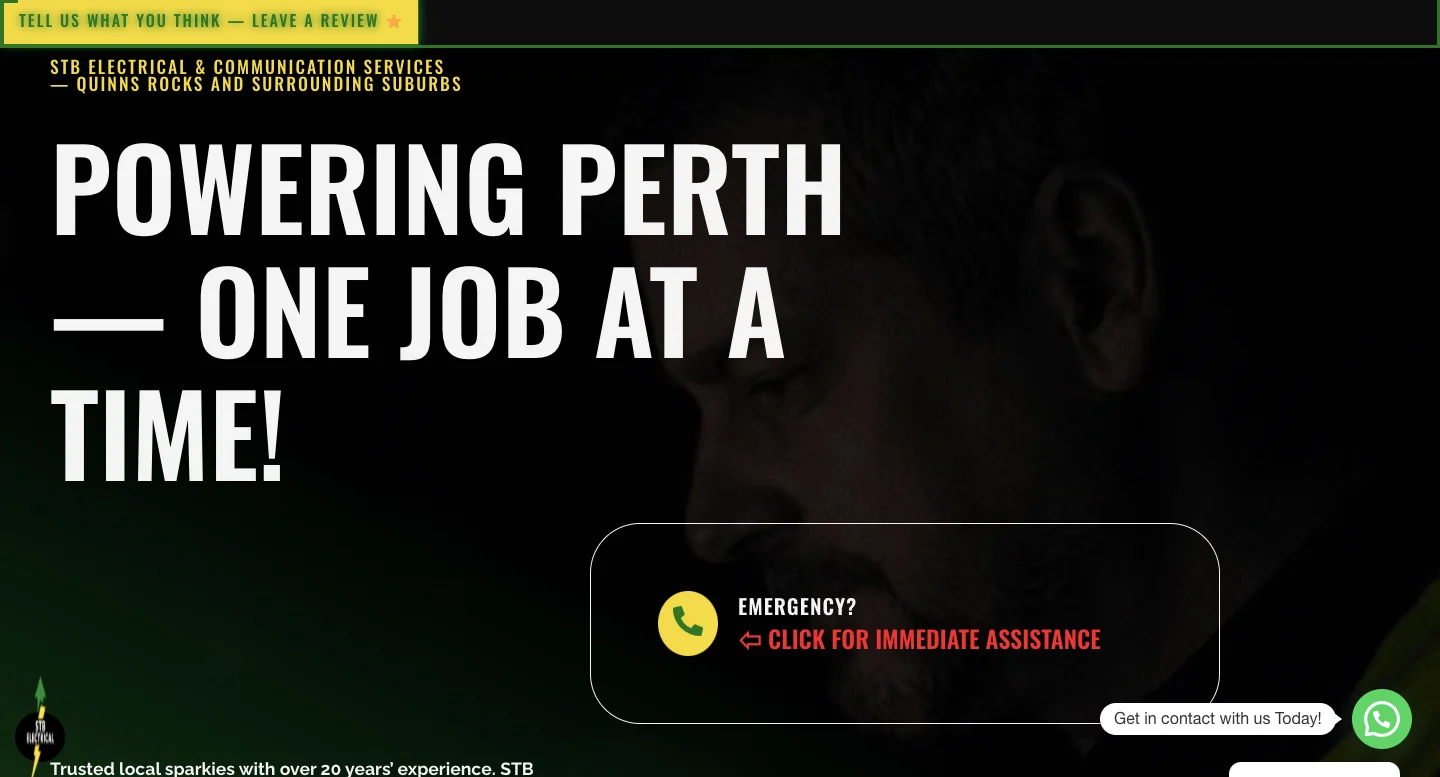 Homepage design for STB Electrical, a Perth-based electrical company website built by Site Ninjas using a custom CMS