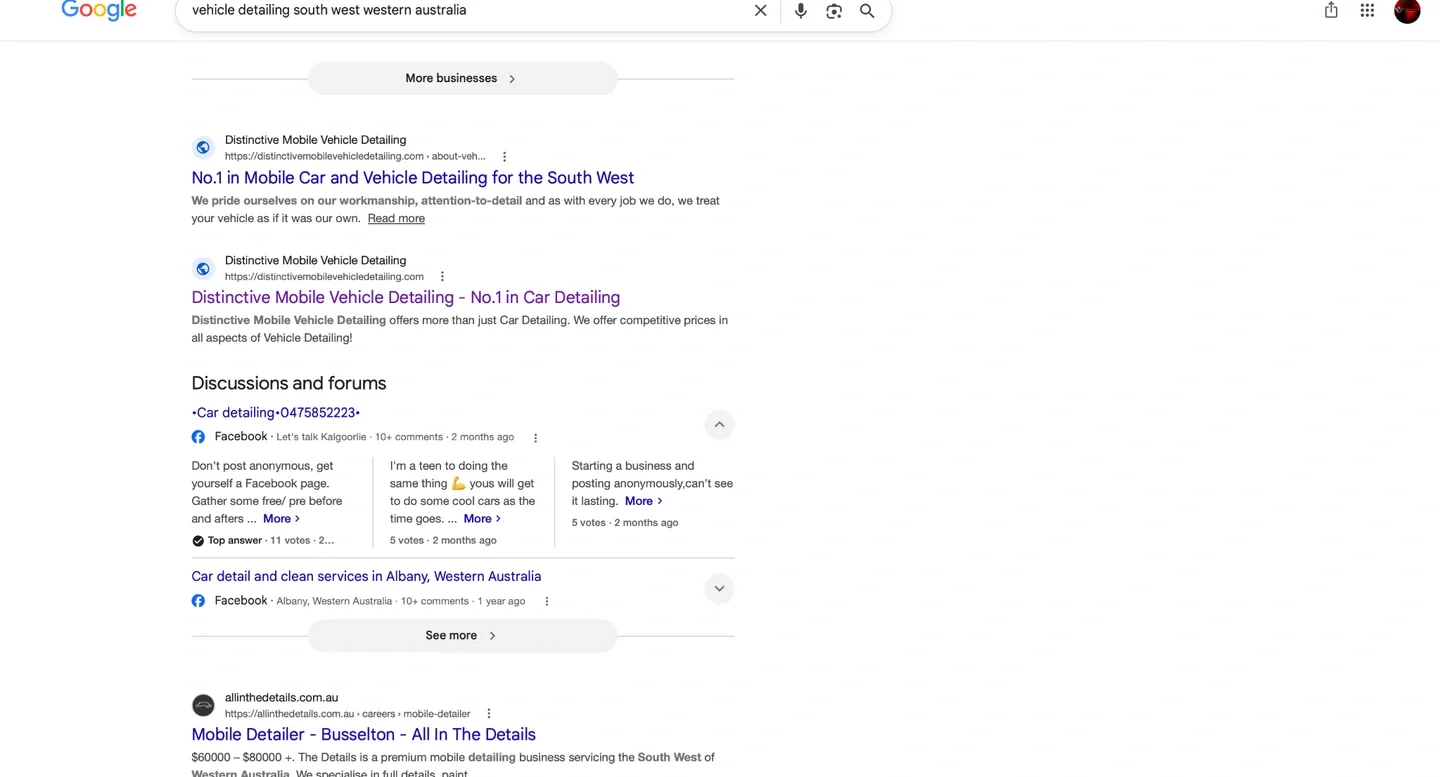 Google search results showing Distinctive Mobile Vehicle Detailing ranking prominently for vehicle detailing in South West Western Australia