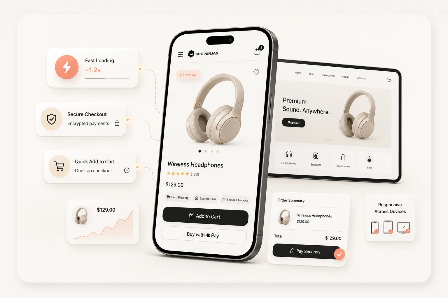 Branded mobile-first e-commerce illustration showing a responsive online store across phone and tablet devices with fast loading, secure checkout and streamlined mobile purchasing for Site Ninjas Digital.
