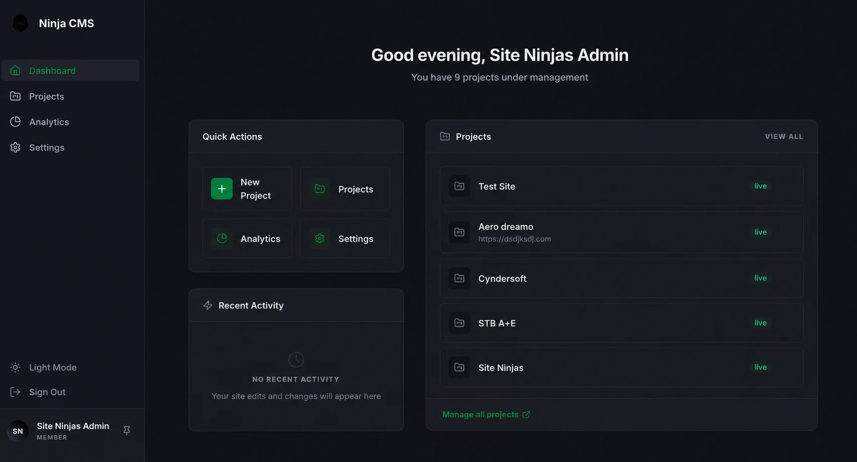 Ninja CMS dashboard showing Site Ninjas Admin overview with quick actions project list and recent activity