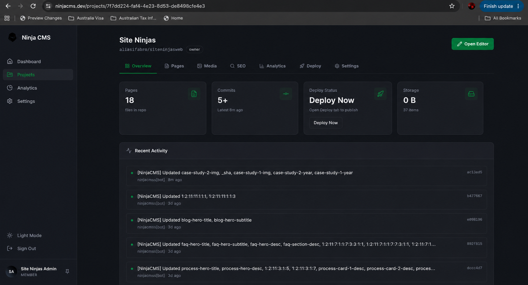 Ninja CMS project overview showing Site Ninjas project dashboard deployment status pages commits and recent activity