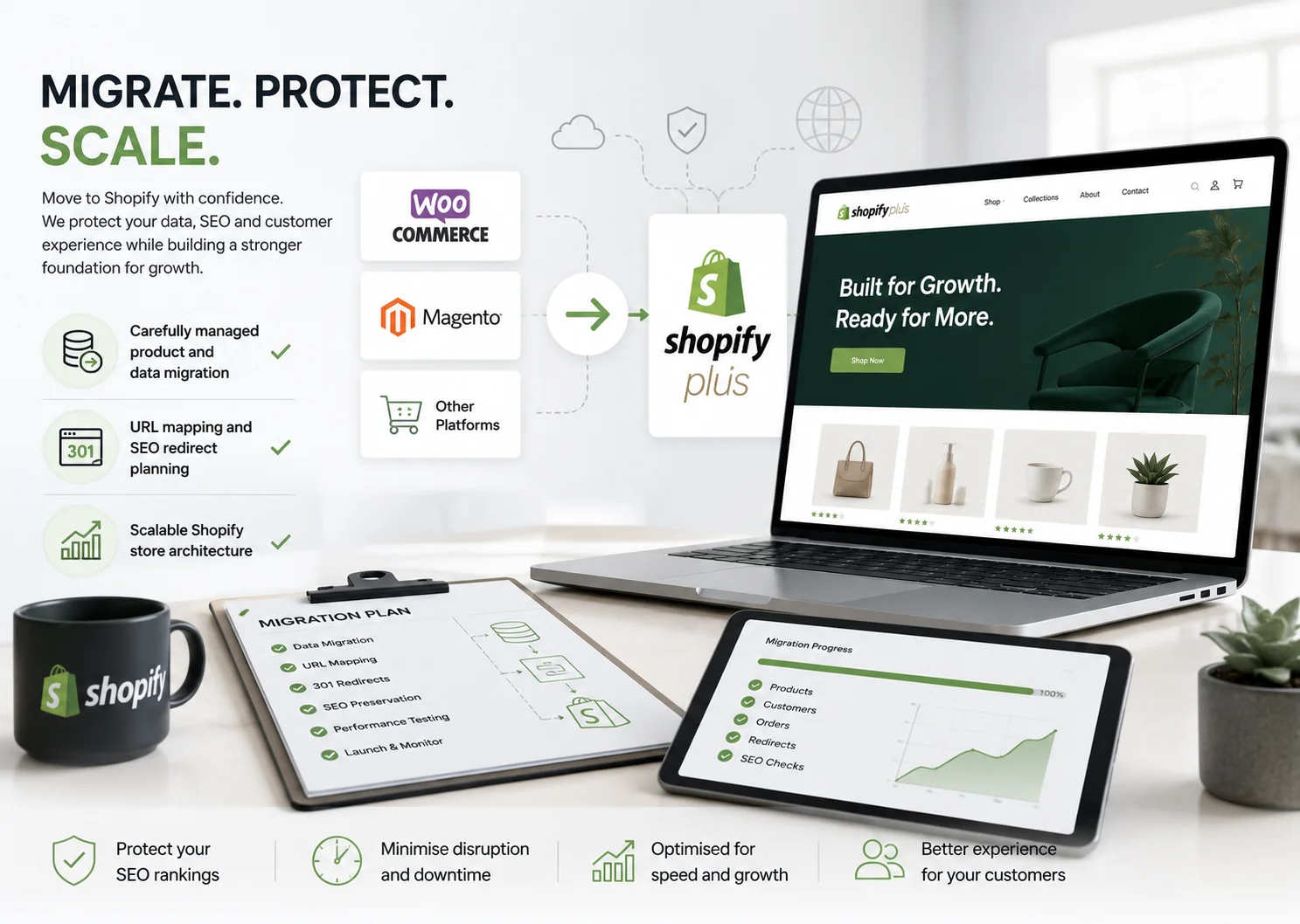 Shopify migration and scaling illustration showing WooCommerce, Magento and other ecommerce platforms moving to Shopify with product data transfer, URL redirects, SEO protection and scalable store architecture.