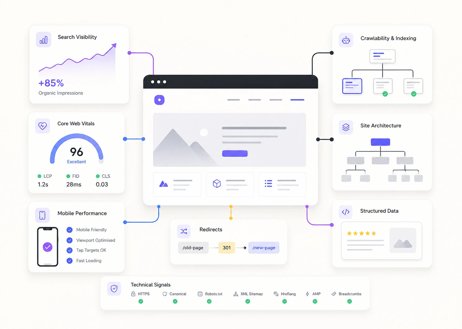 Technical SEO illustration showing website performance, crawlability, indexing, site architecture, redirects, mobile optimisation and structured data to support stronger search visibility for Site Ninjas Digital.
