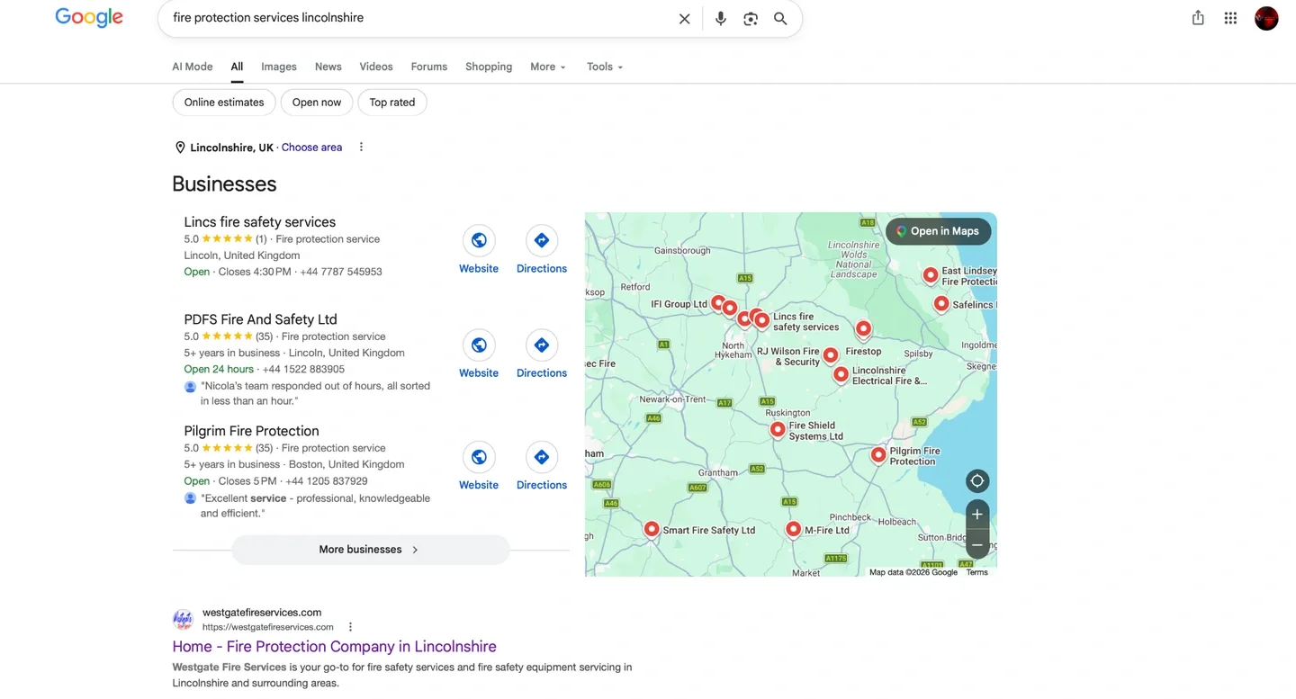 Google search results showing Westgate Fire Services appearing for fire protection services in Lincolnshire